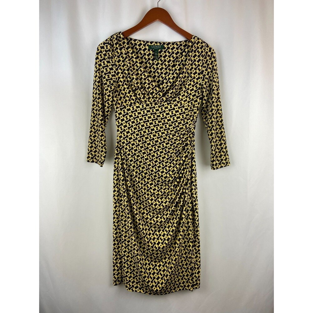Lauren Ralph Lauren Dress 2 Faux Wrap Yellow Black Chain Print 3/4 Sleeve Ruched